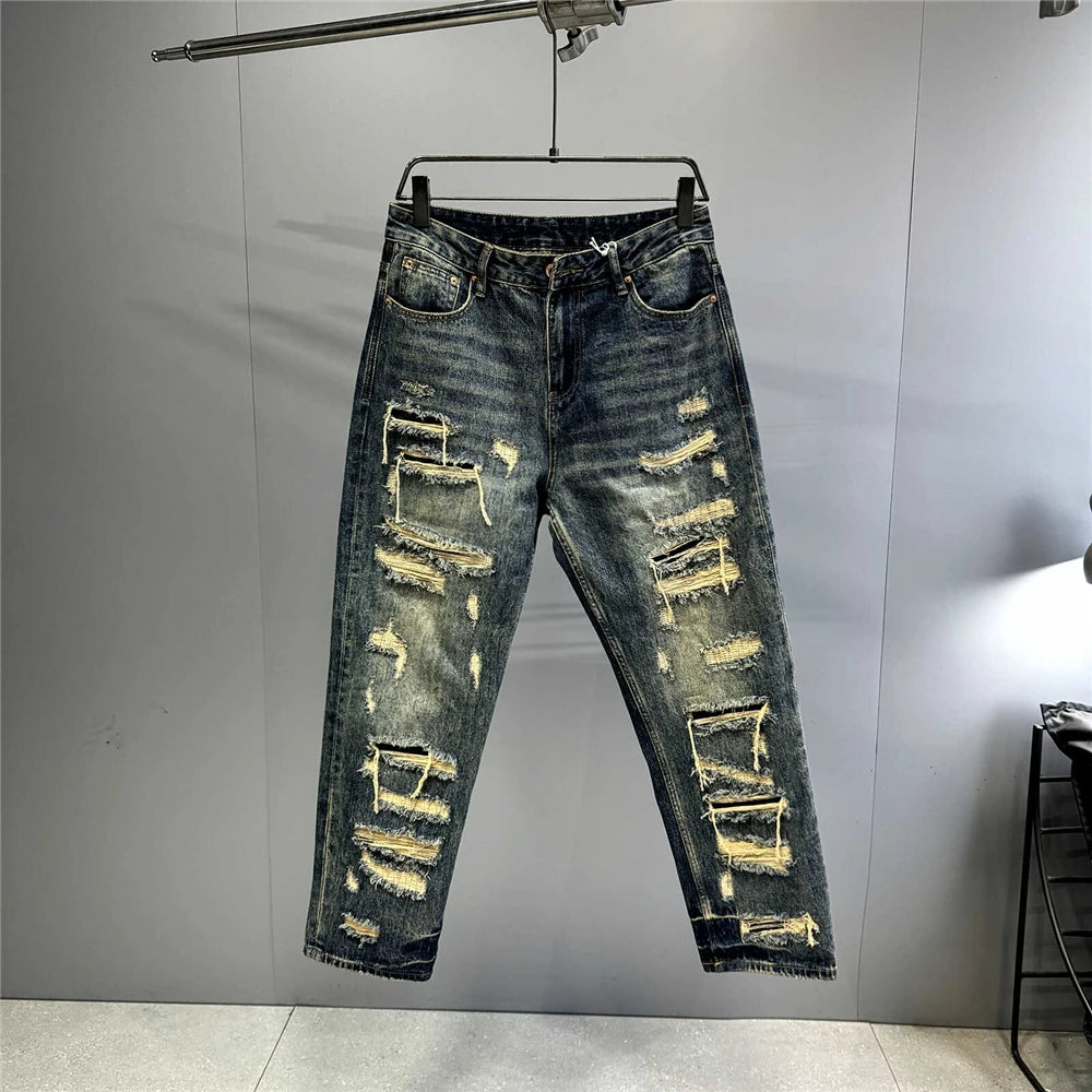 Mens Ripped Baggy Jeans Distressed Denim Streetwear Skateboard Pants Straight Leg Patchwork Oversized Urban Fashion Workwear