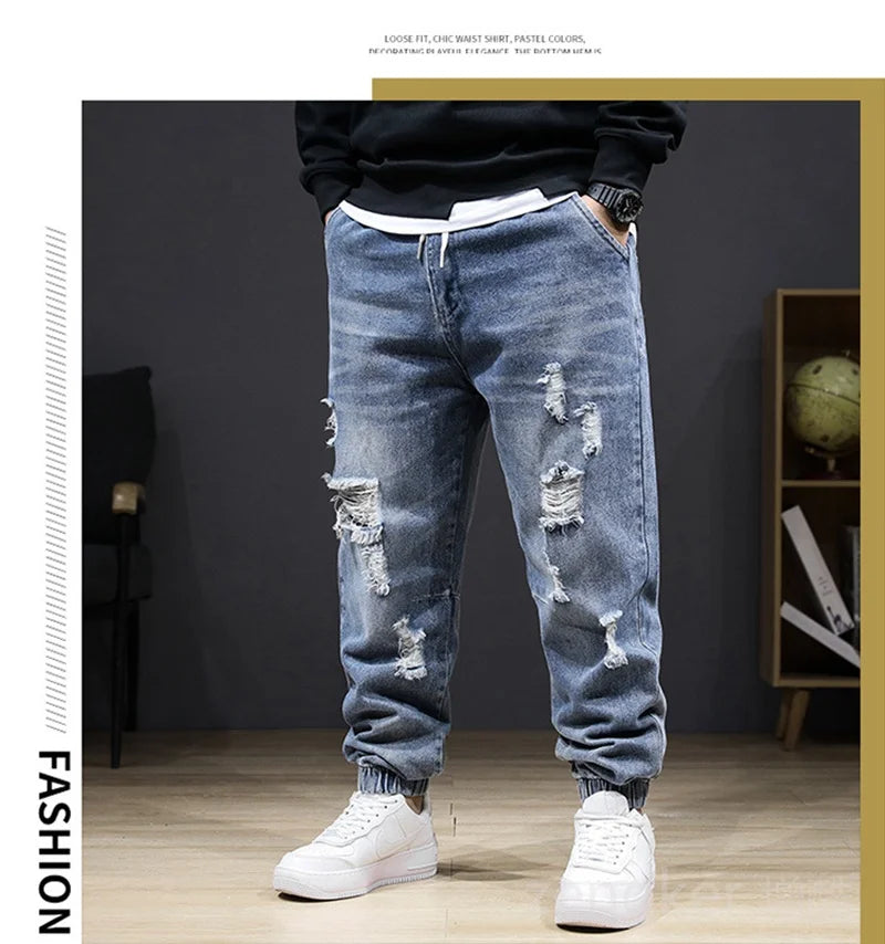 Large size jeans autumn winter section jeans men stretch elastic men high waist plus size hole trousers 8XL 7XL ripped jeans