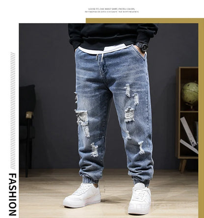 Large size jeans autumn winter section jeans men stretch elastic men high waist plus size hole trousers 8XL 7XL ripped jeans