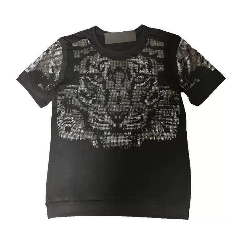 New Summer Men's T-Shirt Tiger Design Diamond Hot Drills Harajuku Sweatshirt Casual Cotton O-Neck Tops Short Sleeve Tee