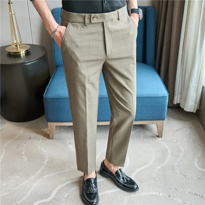 Men Plaid Suit Pants 2024 Autumn Item Solid Casual Dress Pants Elastic Slim Fit Formal Trousers Men Clothing pantalones hombre