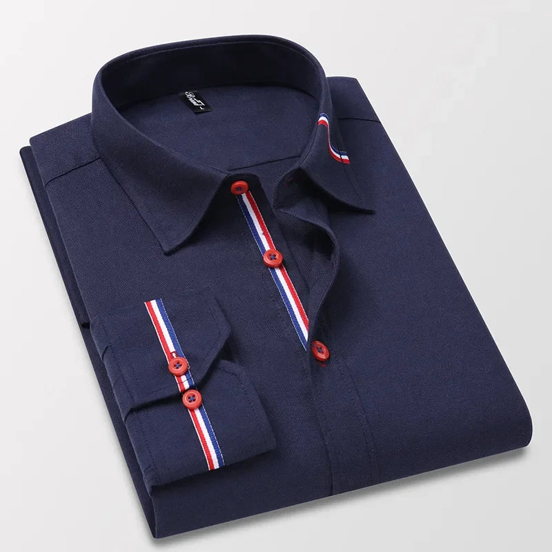 Men's Long Sleeve Oxford Striped Casual Shirt Front Patch Regular-fit Button Down Collar Dress Shirts Camisetas Men Clothing