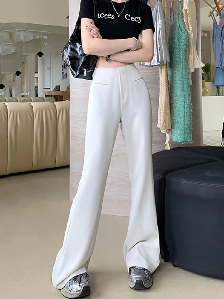 Black Elegant Casual Flare Pants Women Button Korean Style Fashion Long Pants Female High Waist Vintage Designer Pants 2023 New