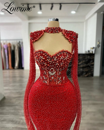 Red Cape Sleeve Long Party Dress Arabic Two Pieces Mermaid Prom Dresses Customized Customized Robes De Soirée Evening Gowns 2025