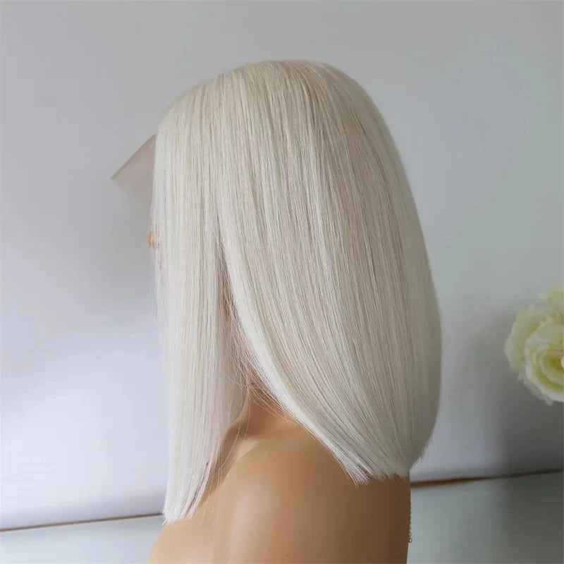 13x1 Short Bob Wig White Platinum Straight Lace Front Wig Brazilain Natural Hairline Wig 180 Density Preplucked Hairline Cosplay