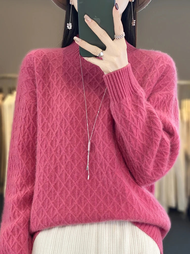 Autumn Winter Women Mock Neck Diamond Lattice Pullover Thickening Sweater 100% Merino Wool Clothing Cashmere Knitwear Female Top