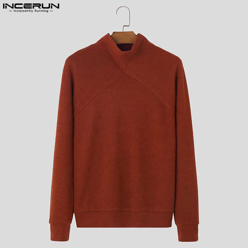 INCERUN Men Pullovers Solid Color Turtleneck Long Sleeve Streetwear Casual Male Sweaters 2024 Knitted Fashion Men Clothing S-5XL