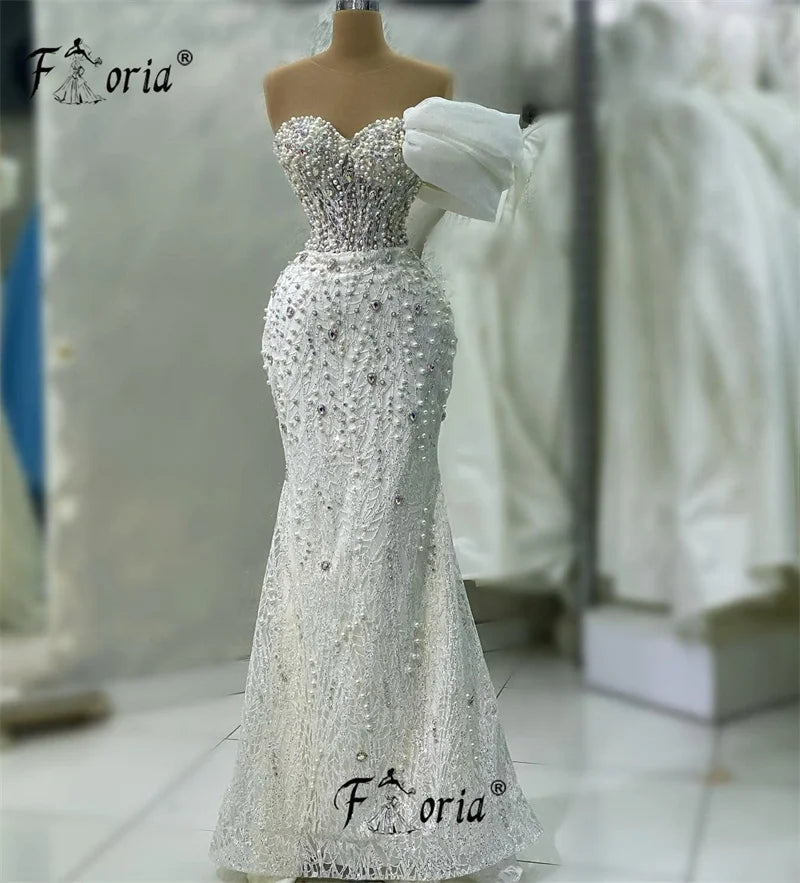 Elegant Dubai Pearls Crystal Mermaid Formal Evening Dresses Beaded Arabic Prom Dress Ivory Wedding Party Gowns Robe De Soiree