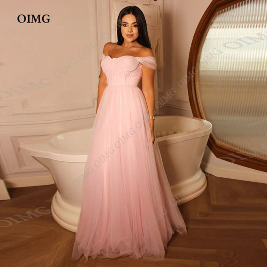 OIMG Blush Pink Long Formal Party Prom Dress Gown 2024 Off Shoulder A-Line Evening Party Dresses Pleated Tulle Formal Gowns