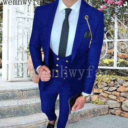 Gwenhwyfar New Men Suits 3 Pieces (Coat+Vest+Pants) Peaked Lapel Ensemble Homme For Formal Slim Fit Casual Blazer Sets