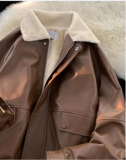 Y2K Fashion Lapel Leather Coat Cotton-padded Jacket Coat Women High Street  Vintage Casual Bomber Jackets Cotton-padded