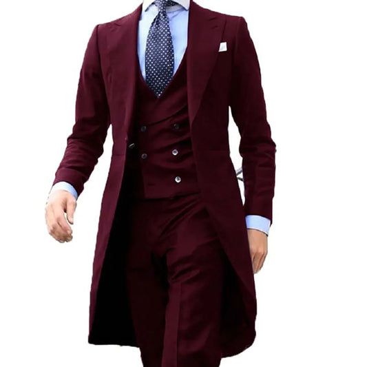 New Arrive  Long Coat Designs Burgundy Men Suit Gentle Male Set Tuxedo Prom Blazer Custom Fashion 3 Pieces (Jacket+vest+Pants)