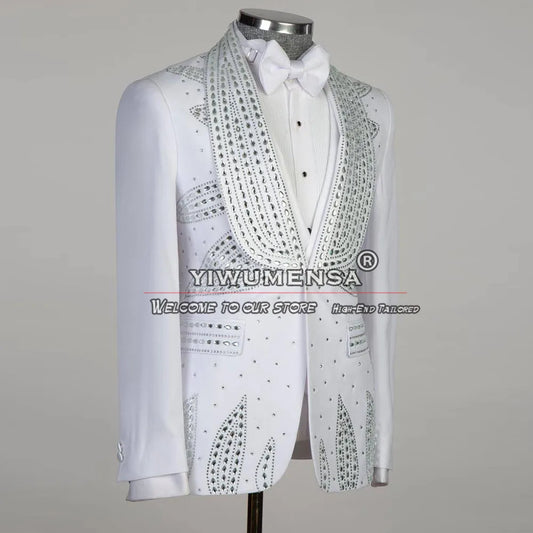 Customized Sliver Crystals Beaded Suits Men Formla Man Party Prom Blazers Luxury Groom Wedding Tuxedos 3 Pieces Man Banuqet Coat