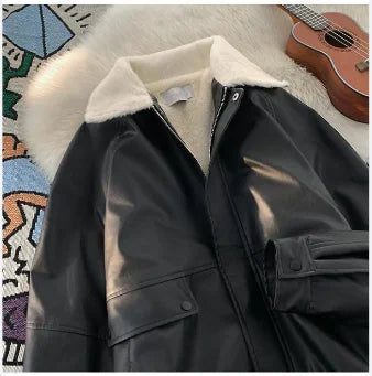 Y2K Fashion Lapel Leather Coat Cotton-padded Jacket Coat Women High Street  Vintage Casual Bomber Jackets Cotton-padded