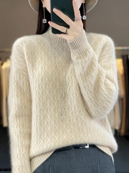 Autumn Winter Women Mock Neck Diamond Lattice Pullover Thickening Sweater 100% Merino Wool Clothing Cashmere Knitwear Female Top