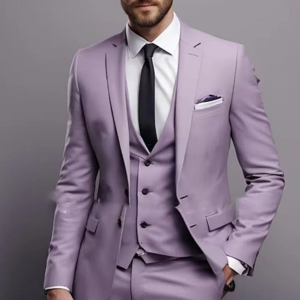 Elegant Purple Men's Suits Foraml Wedding Groom Outfits 3 Piece Jacket Pants Vest Male Clothing Full Sets Luxury Blazer Terno