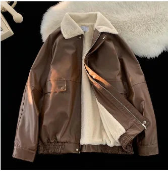 Y2K Fashion Lapel Leather Coat Cotton-padded Jacket Coat Women High Street  Vintage Casual Bomber Jackets Cotton-padded