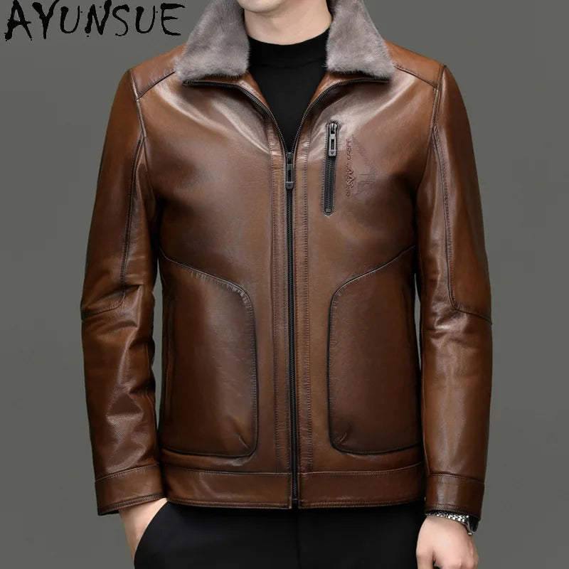 AYUNSUE Genuine Leather Jacket Men Real Sheepskin Mens Jacket Mink Fur Liner Leather Jacket Men High Quality Veste En Cuir Homme