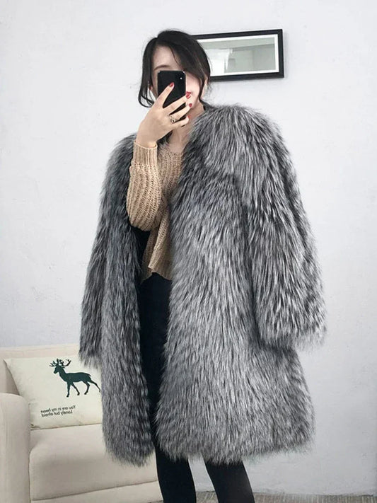 Women Warm Faux Fox Fur Coat Autumn Winter Leisure Long Jacket Windbreaker Thick Fluffy Luxury Bontjas Warm Parkas Outerwear