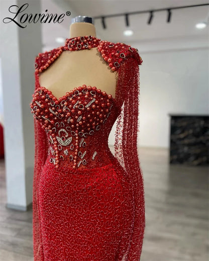 Red Cape Sleeve Long Party Dress Arabic Two Pieces Mermaid Prom Dresses Customized Customized Robes De Soirée Evening Gowns 2025