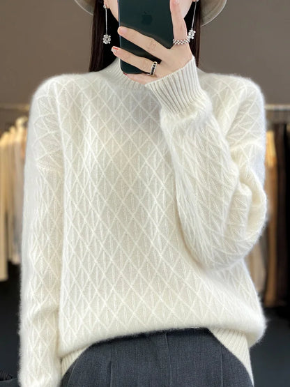 Autumn Winter Women Mock Neck Diamond Lattice Pullover Thickening Sweater 100% Merino Wool Clothing Cashmere Knitwear Female Top