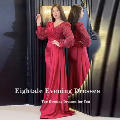 Eightale Luxury Evening Dresses V-Neck Sequined Long Sleeves Customized Color Arabic Prom Wedding Party Gown Robe De Soiree