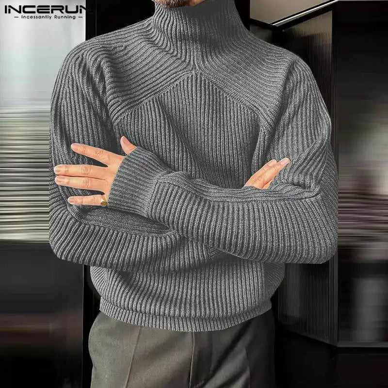 INCERUN Men Pullovers Solid Color Turtleneck Long Sleeve Streetwear Casual Male Sweaters 2024 Knitted Fashion Men Clothing S-5XL