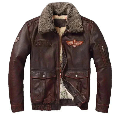 Vintage Genuine Leather Jacket Men Flight Jackets Natural Fur Collar Aviation Bomber Coats Mens Motorcycle Biker