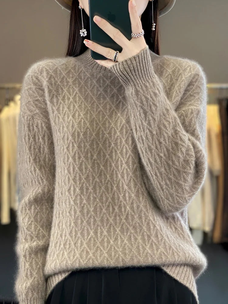 Autumn Winter Women Mock Neck Diamond Lattice Pullover Thickening Sweater 100% Merino Wool Clothing Cashmere Knitwear Female Top