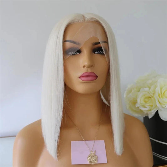 13x1 Short Bob Wig White Platinum Straight Lace Front Wig Brazilain Natural Hairline Wig 180 Density Preplucked Hairline Cosplay