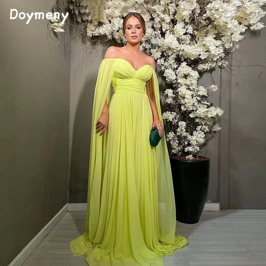 Doymeny Off Shoulder Chiffon Evening Dresses Long Sleeves A-line Pleat Robes De Soirée Long Vestidos De Gala Party Dresses