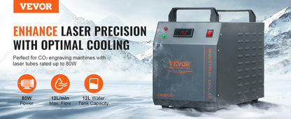 VEVOR Industrial Water Chiller CW-3000 80W Air-Cooled Water Cooler 12L Large Water Tank Capacity for Laser Engraving Machine